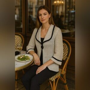 Adan Black Cream Knit Sweater Button Cardigan Size Medium
